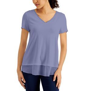 JM Collection V Neck Sheer Hem Top